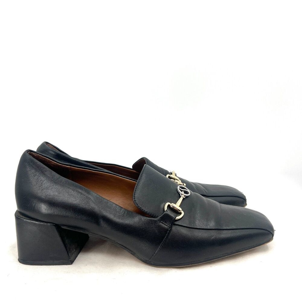 Franco Sarto Laurita Black Leather Horsebit Block Heel Loafers Pumps Women 8.5 M